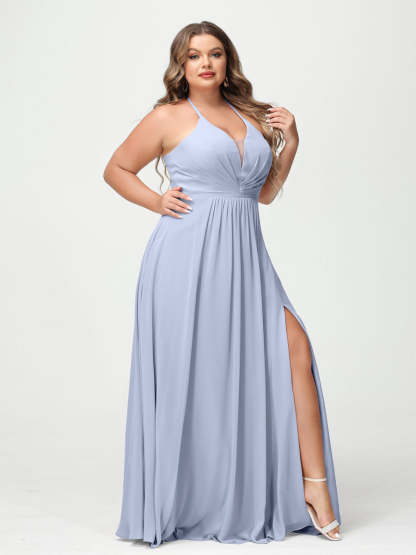 A Line Princess Halter Sleeveless Chiffon Ruched Split Side Plus Size Bridesmaid Dresses with Pockets