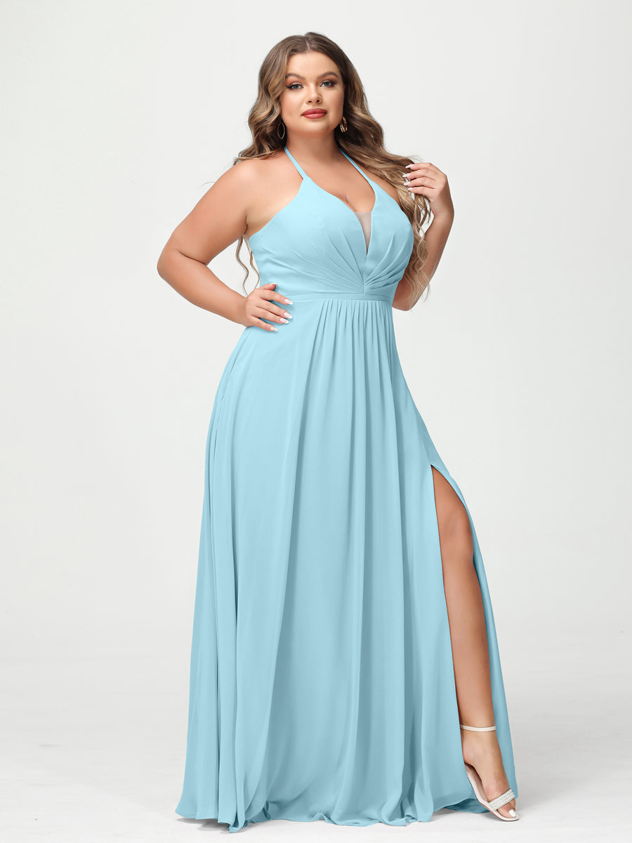 A Line Princess Halter Sleeveless Chiffon Ruched Split Side Plus Size Bridesmaid Dresses with Pockets
