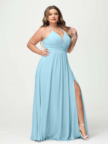 A Line Princess Halter Sleeveless Chiffon Ruched Split Side Plus Size Bridesmaid Dresses with Pockets