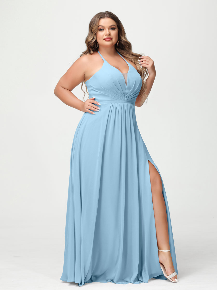 A Line Princess Halter Sleeveless Chiffon Ruched Split Side Plus Size Bridesmaid Dresses with Pockets