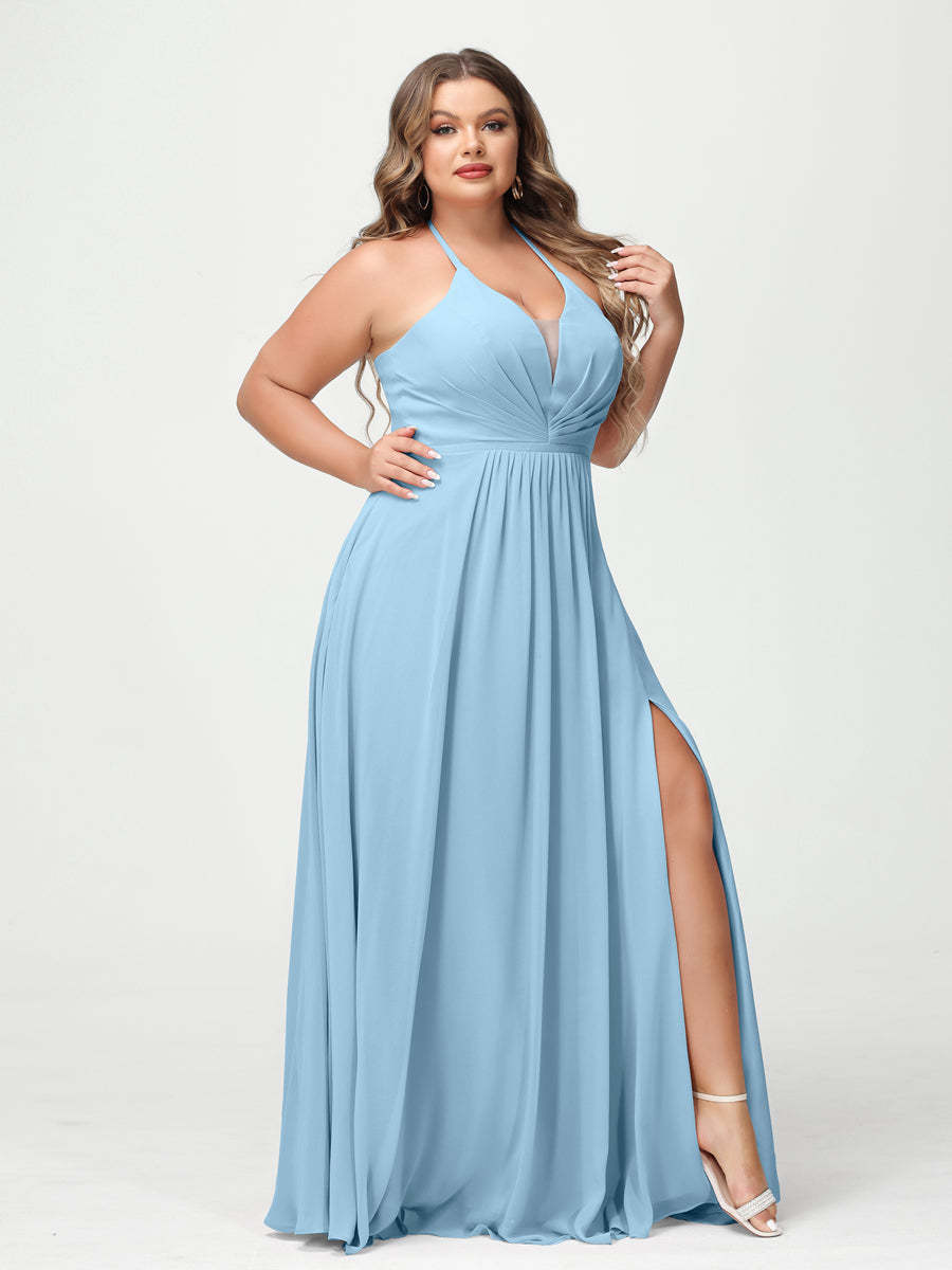 A Line Princess Halter Sleeveless Chiffon Ruched Split Side Plus Size Bridesmaid Dresses with Pockets