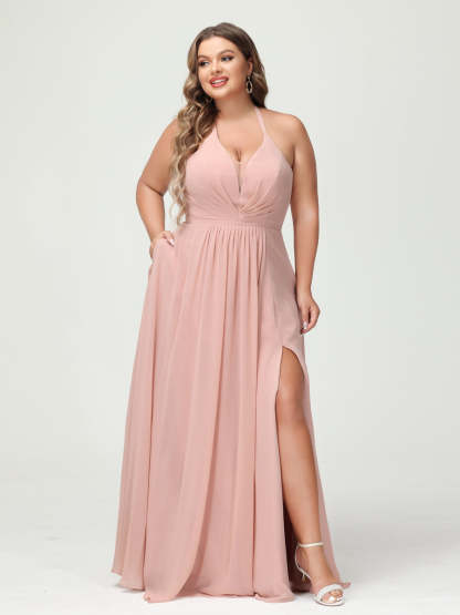 A Line Princess Halter Sleeveless Chiffon Ruched Split Side Plus Size Bridesmaid Dresses with Pockets