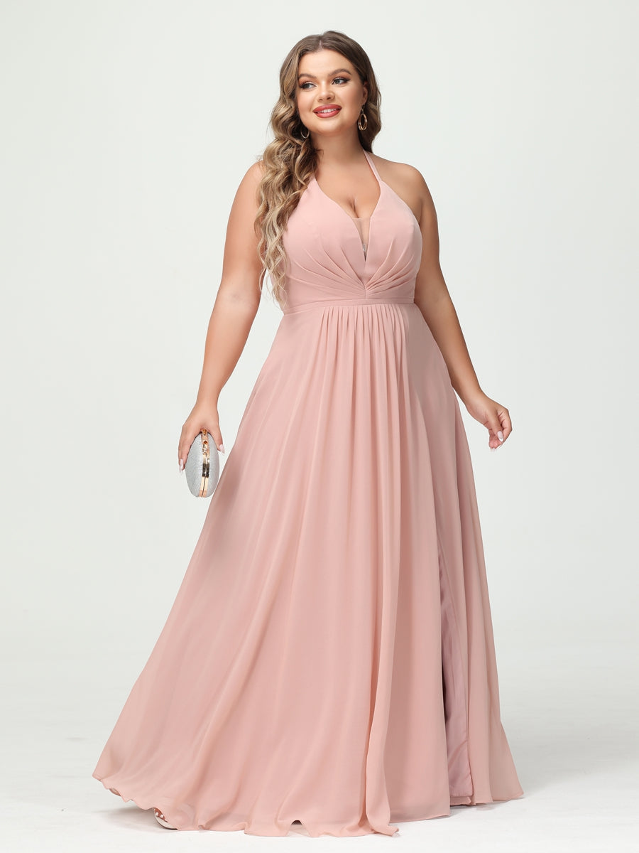 A Line Princess Halter Sleeveless Chiffon Ruched Split Side Plus Size Bridesmaid Dresses with Pockets