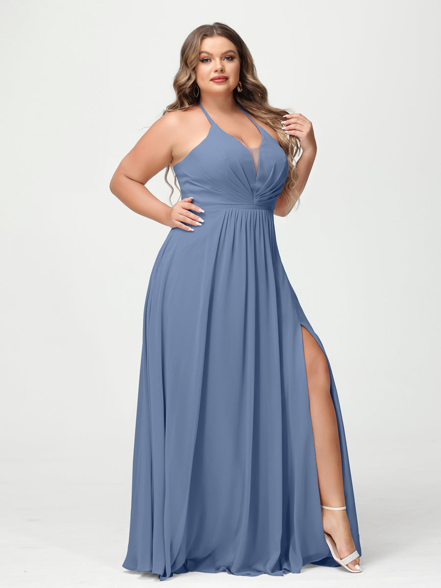 A Line Princess Halter Sleeveless Chiffon Ruched Split Side Plus Size Bridesmaid Dresses with Pockets