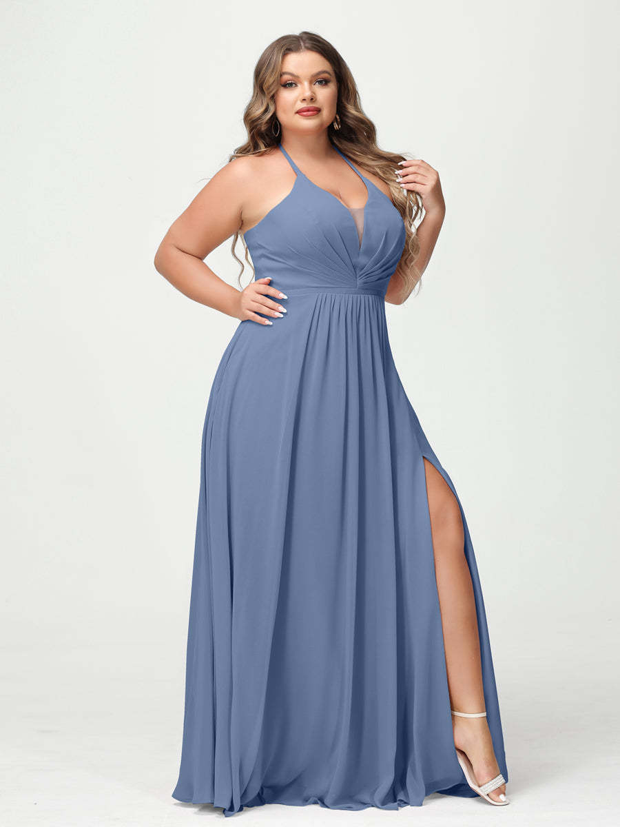A Line Princess Halter Sleeveless Chiffon Ruched Split Side Plus Size Bridesmaid Dresses with Pockets