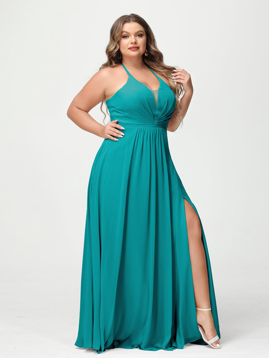 A Line Princess Halter Sleeveless Chiffon Ruched Split Side Plus Size Bridesmaid Dresses with Pockets