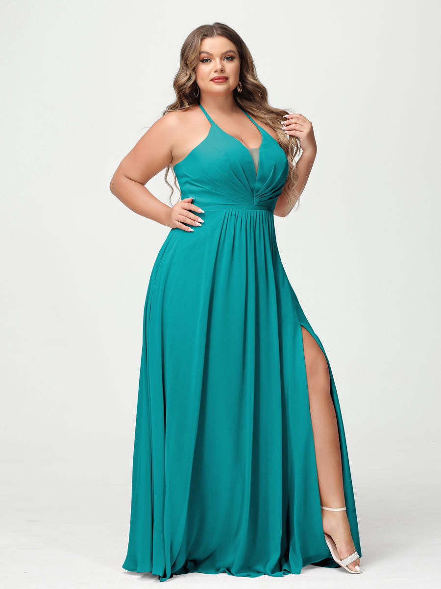 A Line Princess Halter Sleeveless Chiffon Ruched Split Side Plus Size Bridesmaid Dresses with Pockets