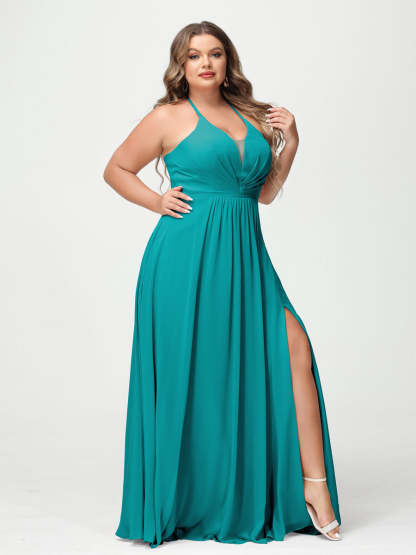 A Line Princess Halter Sleeveless Chiffon Ruched Split Side Plus Size Bridesmaid Dresses with Pockets