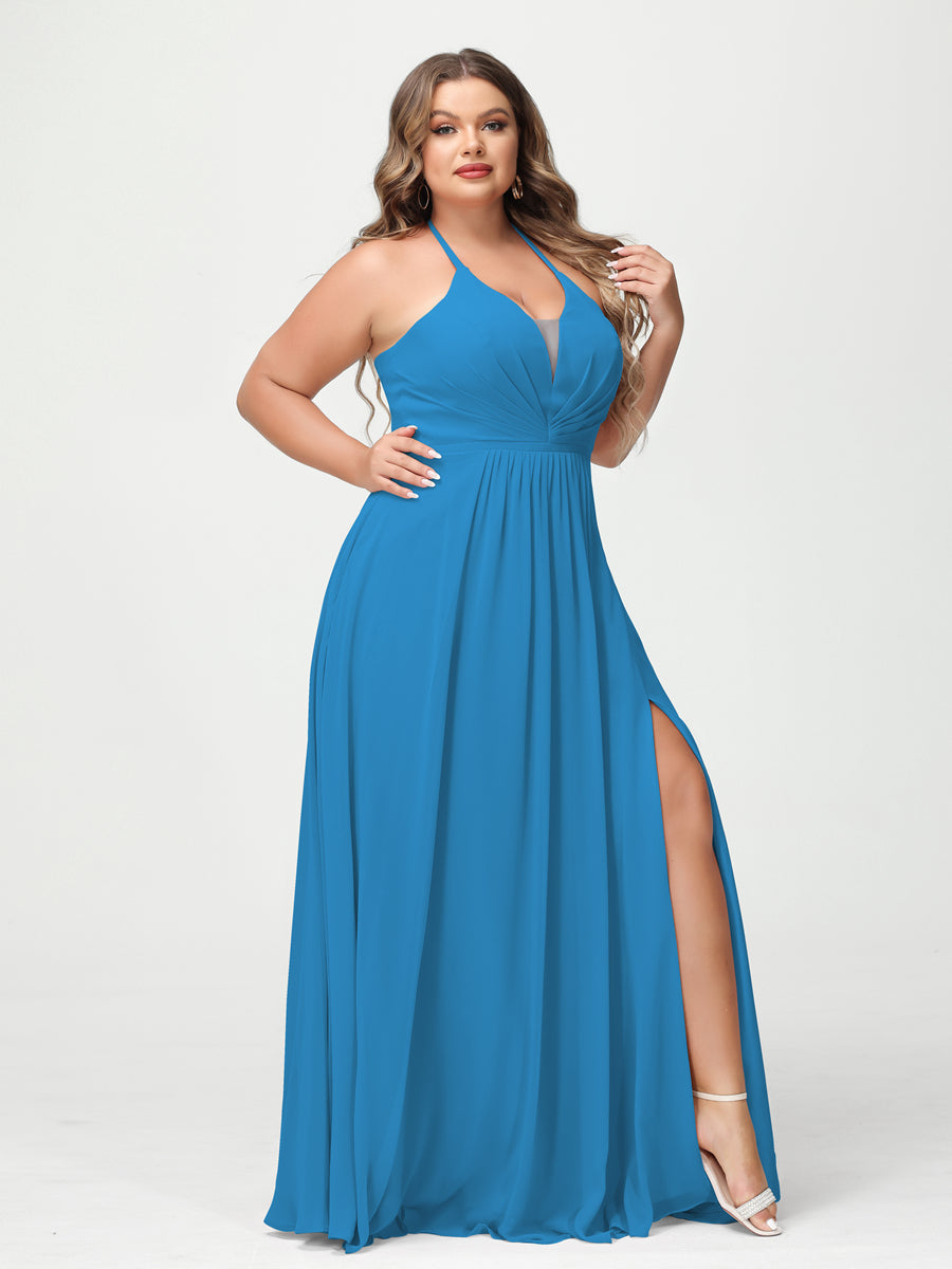 A Line Princess Halter Sleeveless Chiffon Ruched Split Side Plus Size Bridesmaid Dresses with Pockets