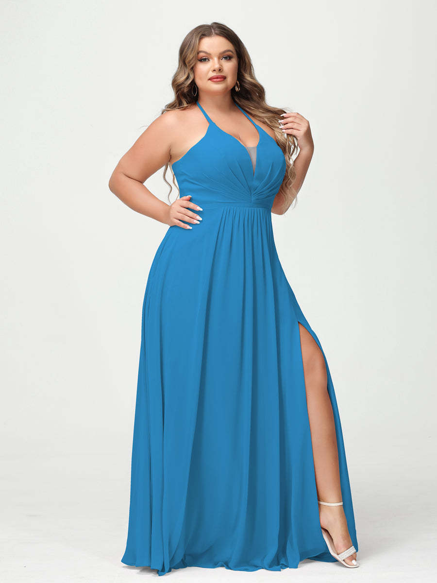 A Line Princess Halter Sleeveless Chiffon Ruched Split Side Plus Size Bridesmaid Dresses with Pockets