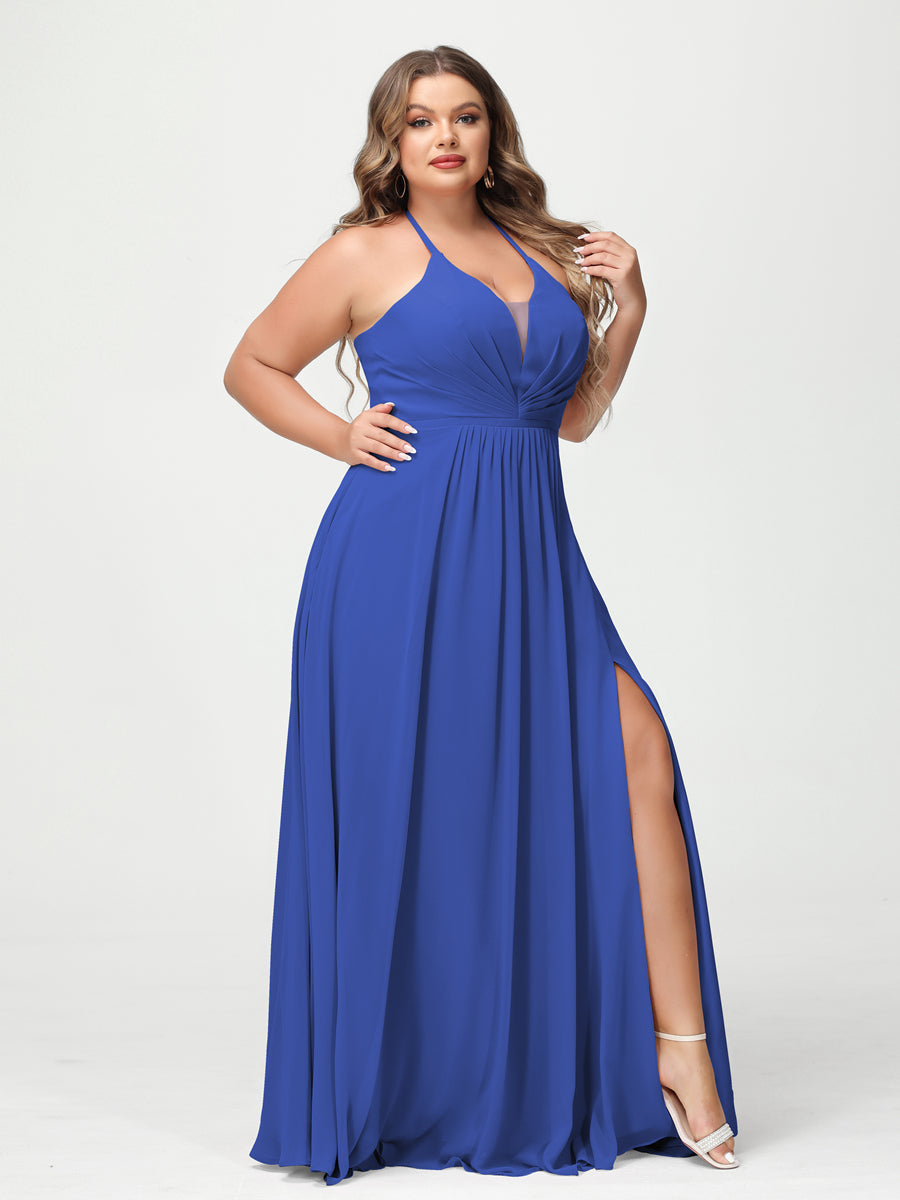 A Line Princess Halter Sleeveless Chiffon Ruched Split Side Plus Size Bridesmaid Dresses with Pockets