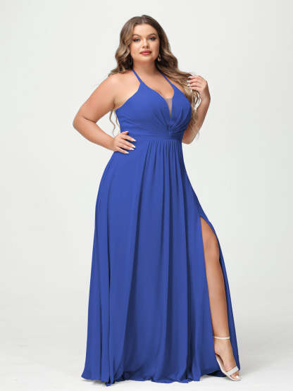 A Line Princess Halter Sleeveless Chiffon Ruched Split Side Plus Size Bridesmaid Dresses with Pockets