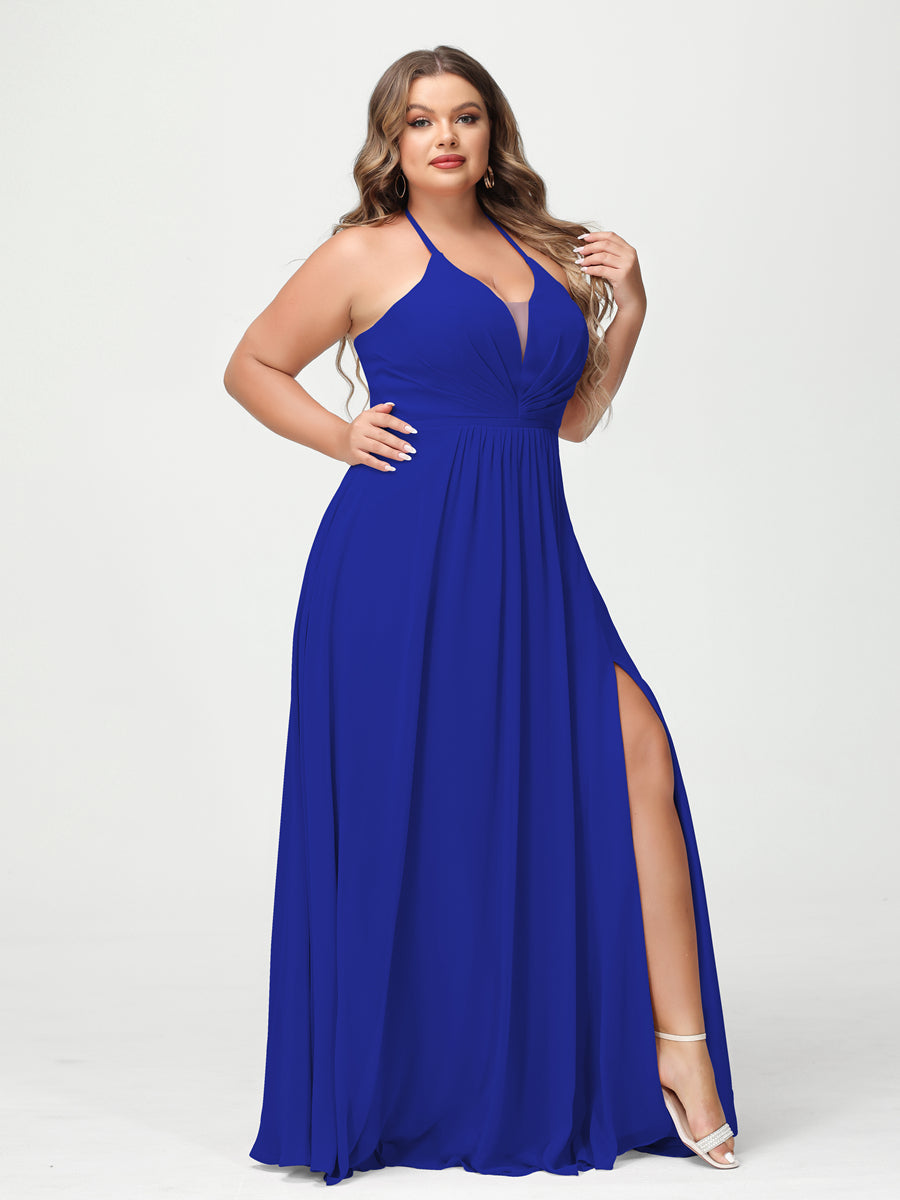 A Line Princess Halter Sleeveless Chiffon Ruched Split Side Plus Size Bridesmaid Dresses with Pockets