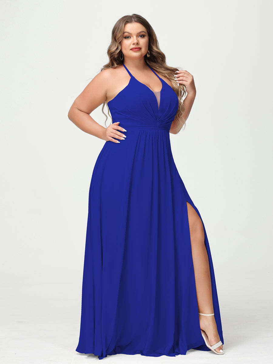 A Line Princess Halter Sleeveless Chiffon Ruched Split Side Plus Size Bridesmaid Dresses with Pockets