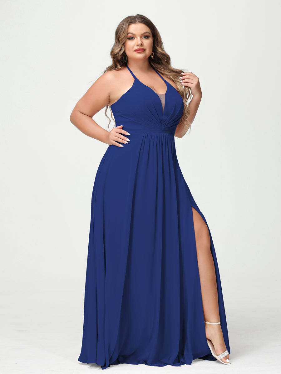 A Line Princess Halter Sleeveless Chiffon Ruched Split Side Plus Size Bridesmaid Dresses with Pockets