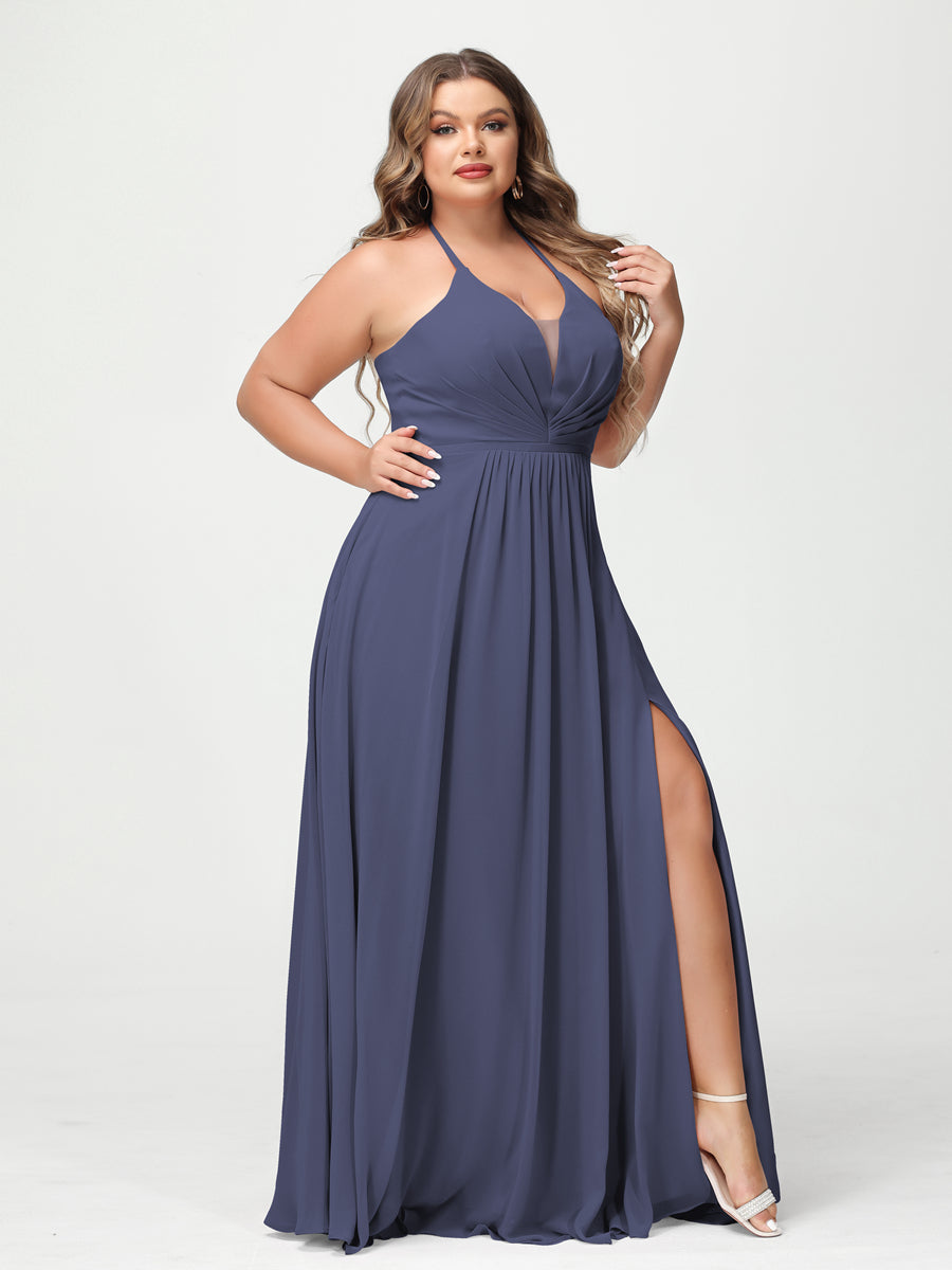 A Line Princess Halter Sleeveless Chiffon Ruched Split Side Plus Size Bridesmaid Dresses with Pockets