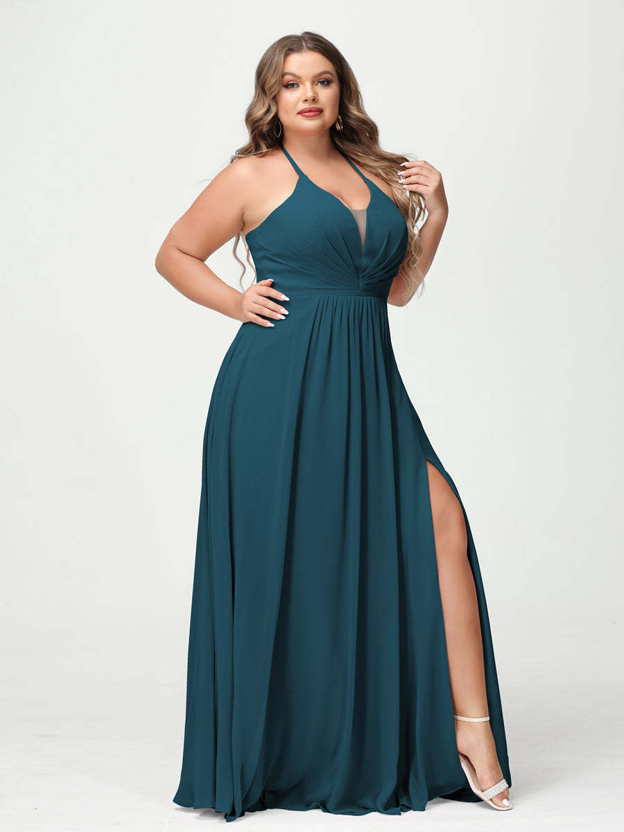A Line Princess Halter Sleeveless Chiffon Ruched Split Side Plus Size Bridesmaid Dresses with Pockets