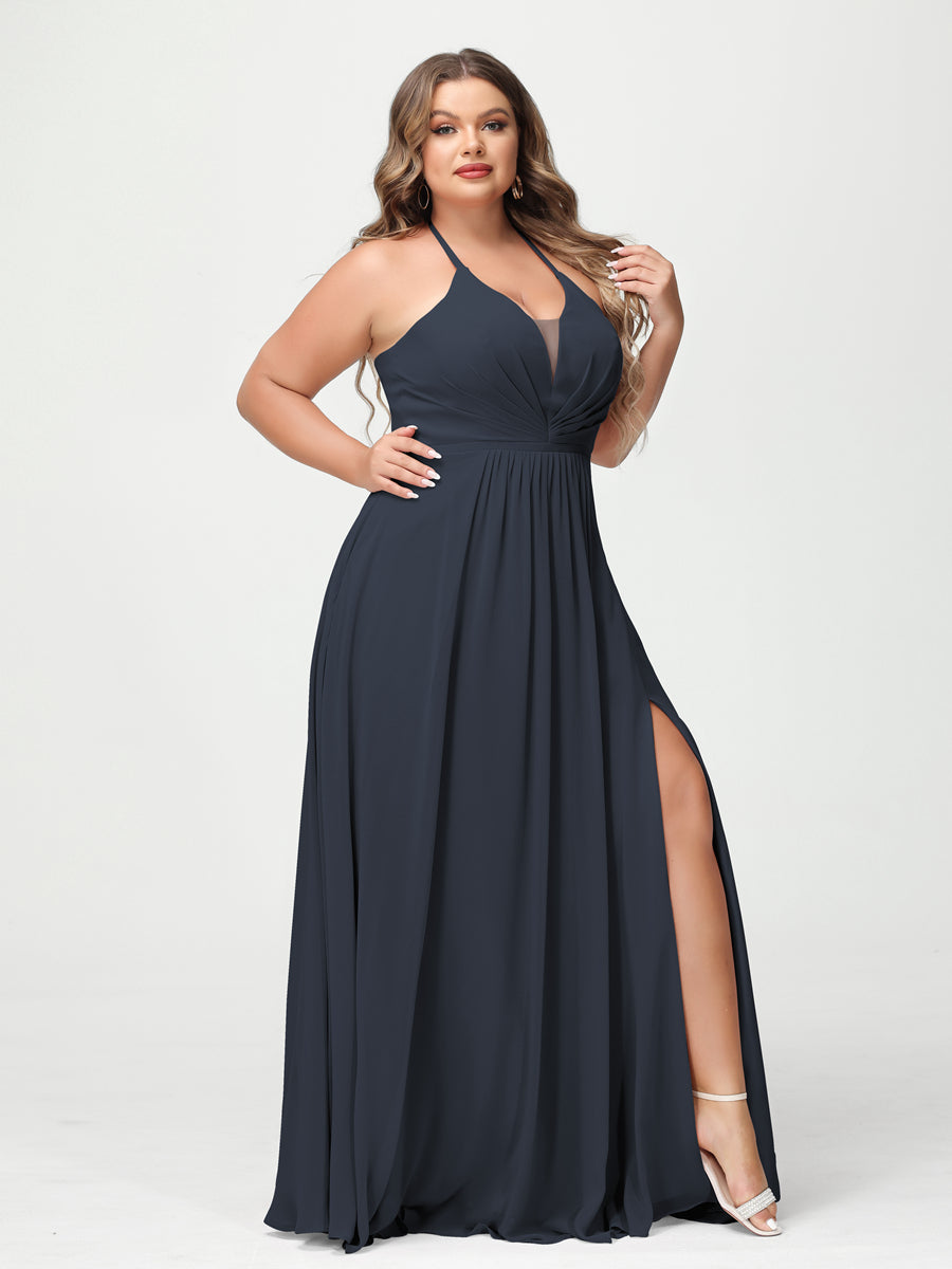 A Line Princess Halter Sleeveless Chiffon Ruched Split Side Plus Size Bridesmaid Dresses with Pockets