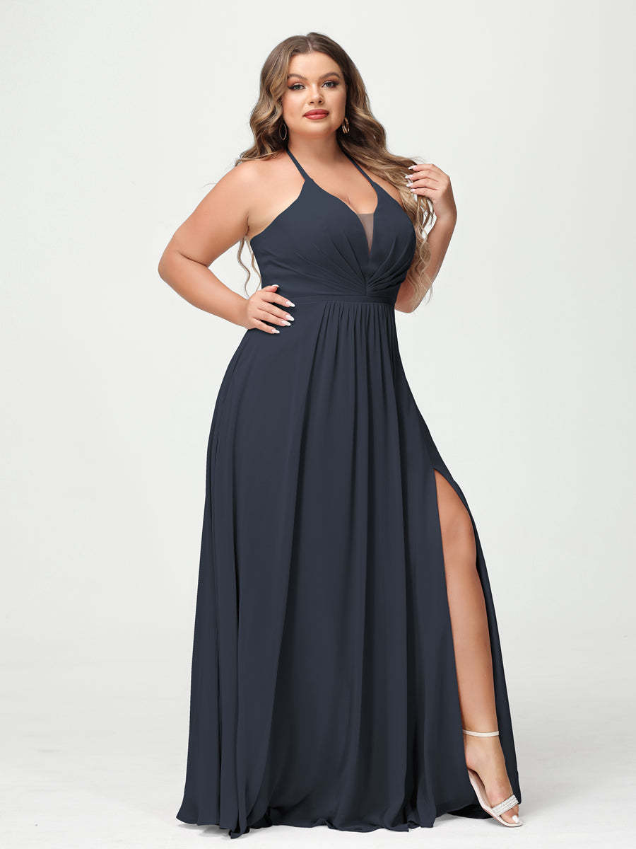 A Line Princess Halter Sleeveless Chiffon Ruched Split Side Plus Size Bridesmaid Dresses with Pockets