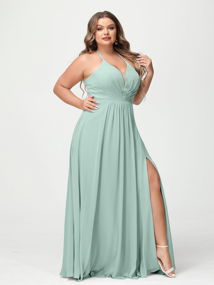 A Line Princess Halter Sleeveless Chiffon Ruched Split Side Plus Size Bridesmaid Dresses with Pockets