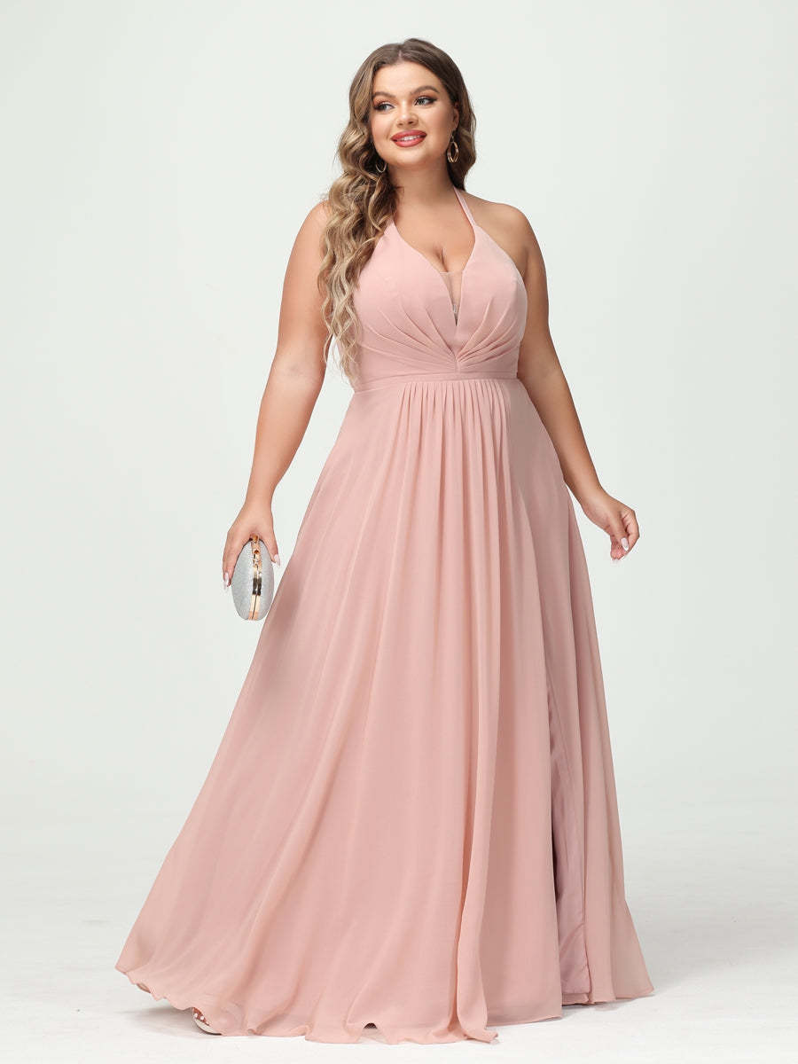 A Line Princess Halter Sleeveless Chiffon Ruched Split Side Plus Size Bridesmaid Dresses with Pockets