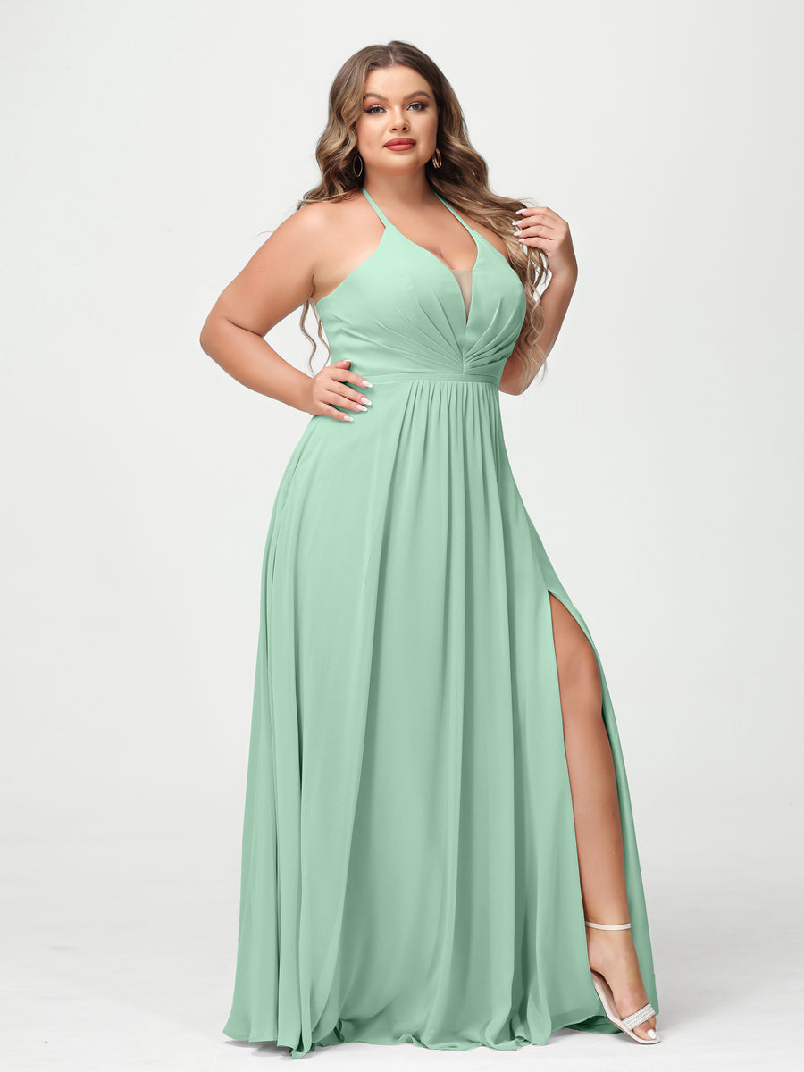 A Line Princess Halter Sleeveless Chiffon Ruched Split Side Plus Size Bridesmaid Dresses with Pockets