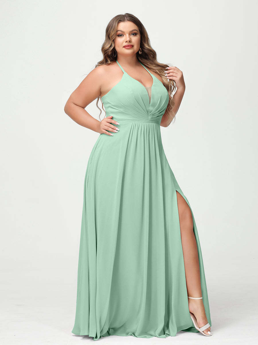 A Line Princess Halter Sleeveless Chiffon Ruched Split Side Plus Size Bridesmaid Dresses with Pockets