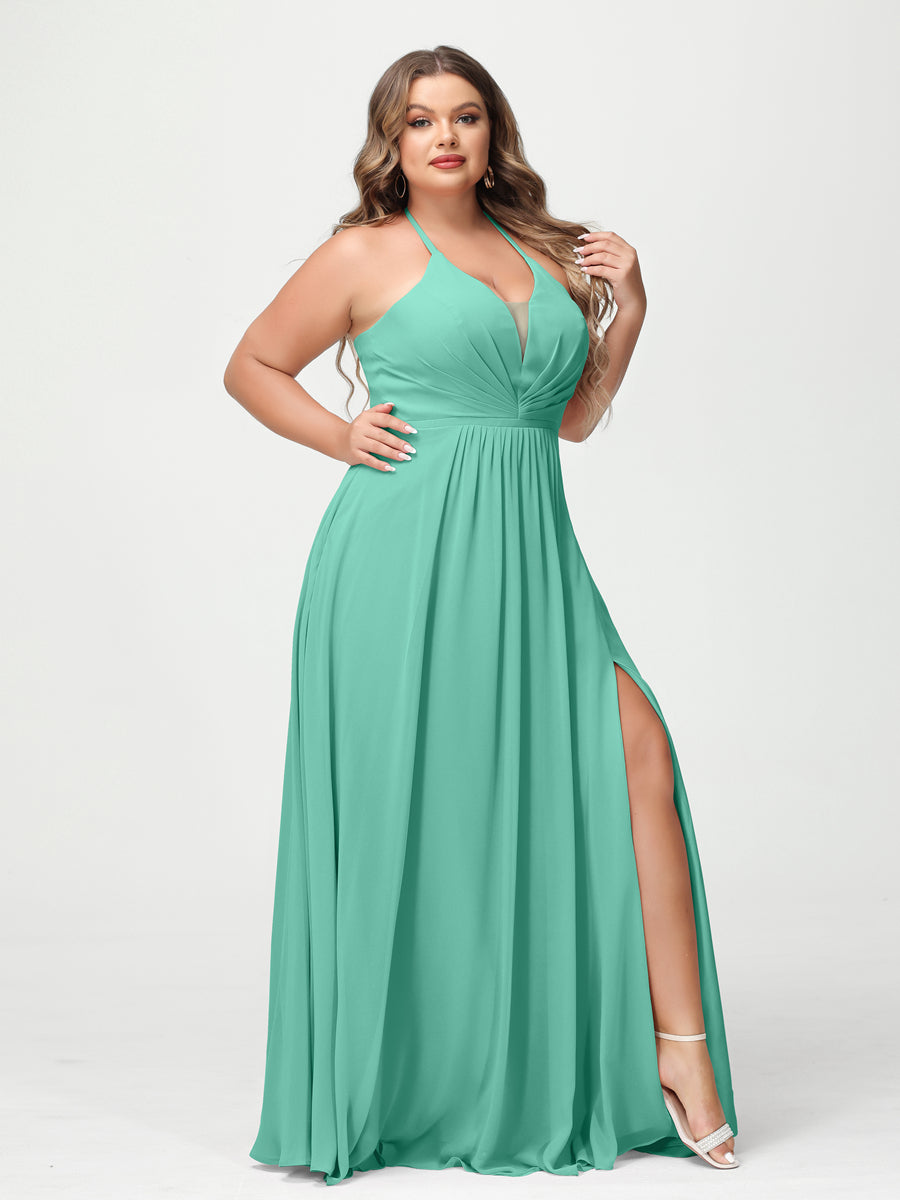 A Line Princess Halter Sleeveless Chiffon Ruched Split Side Plus Size Bridesmaid Dresses with Pockets