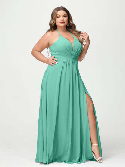 A Line Princess Halter Sleeveless Chiffon Ruched Split Side Plus Size Bridesmaid Dresses with Pockets