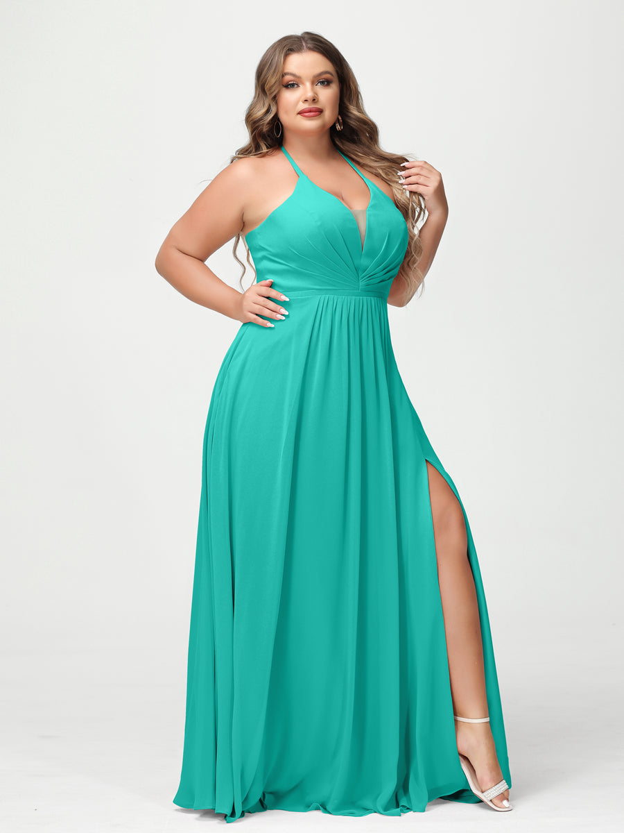 A Line Princess Halter Sleeveless Chiffon Ruched Split Side Plus Size Bridesmaid Dresses with Pockets