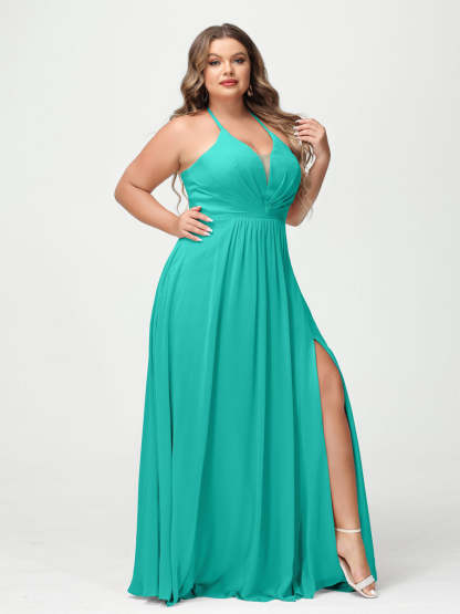 A Line Princess Halter Sleeveless Chiffon Ruched Split Side Plus Size Bridesmaid Dresses with Pockets