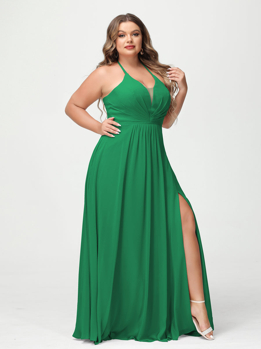 A Line Princess Halter Sleeveless Chiffon Ruched Split Side Plus Size Bridesmaid Dresses with Pockets
