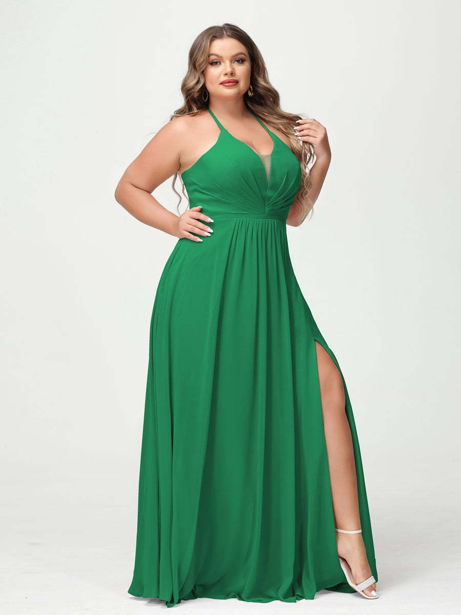 A Line Princess Halter Sleeveless Chiffon Ruched Split Side Plus Size Bridesmaid Dresses with Pockets