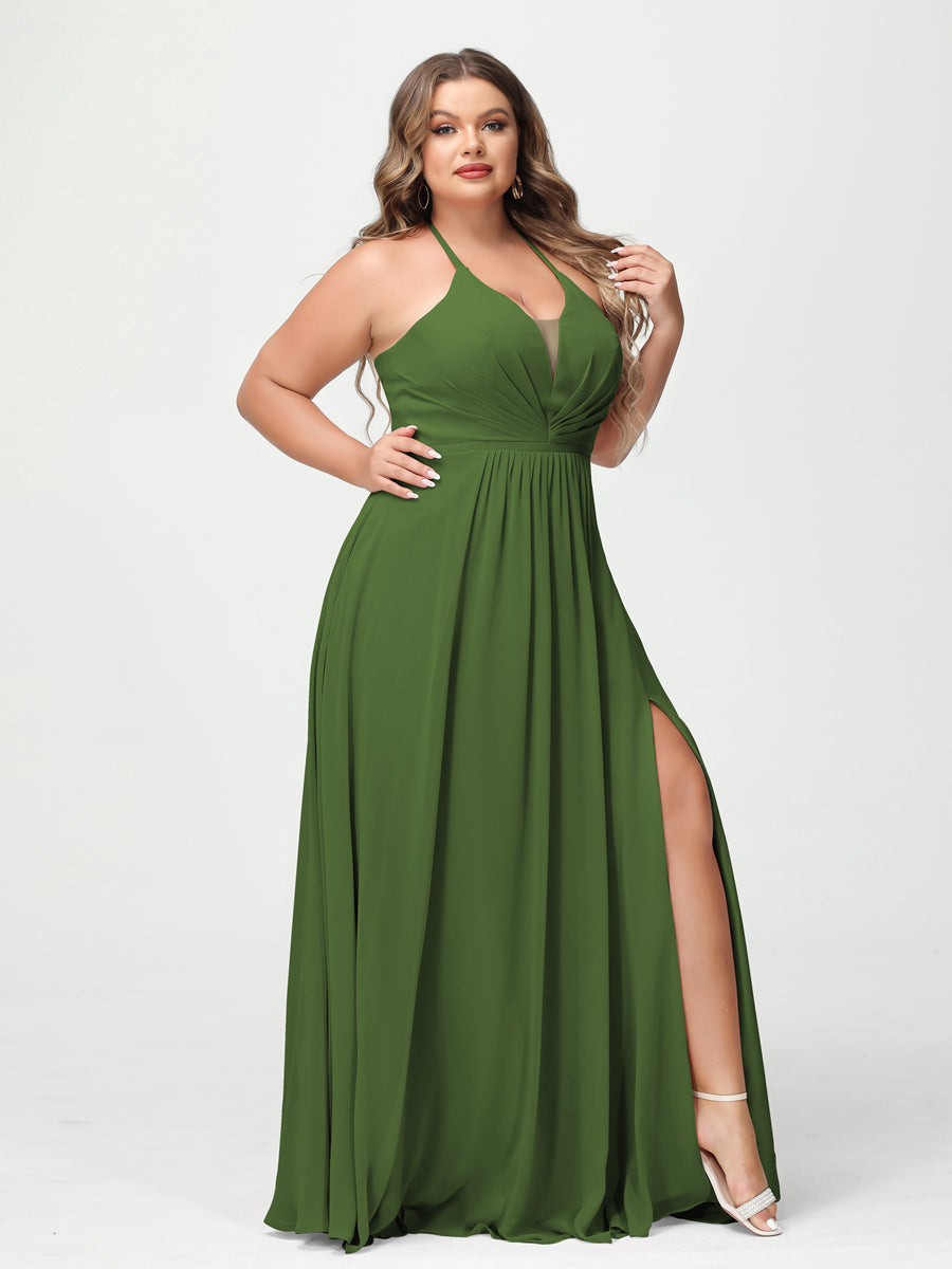 A Line Princess Halter Sleeveless Chiffon Ruched Split Side Plus Size Bridesmaid Dresses with Pockets