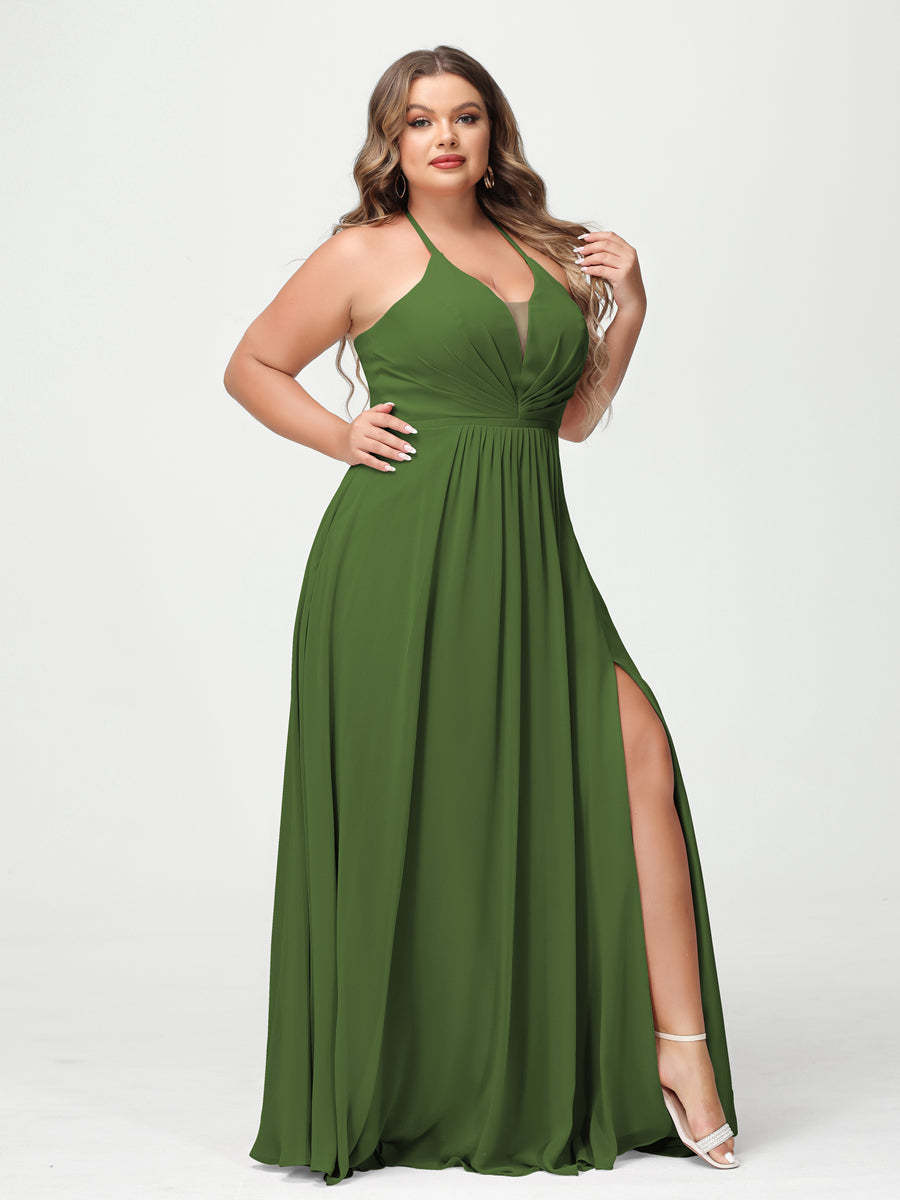A Line Princess Halter Sleeveless Chiffon Ruched Split Side Plus Size Bridesmaid Dresses with Pockets