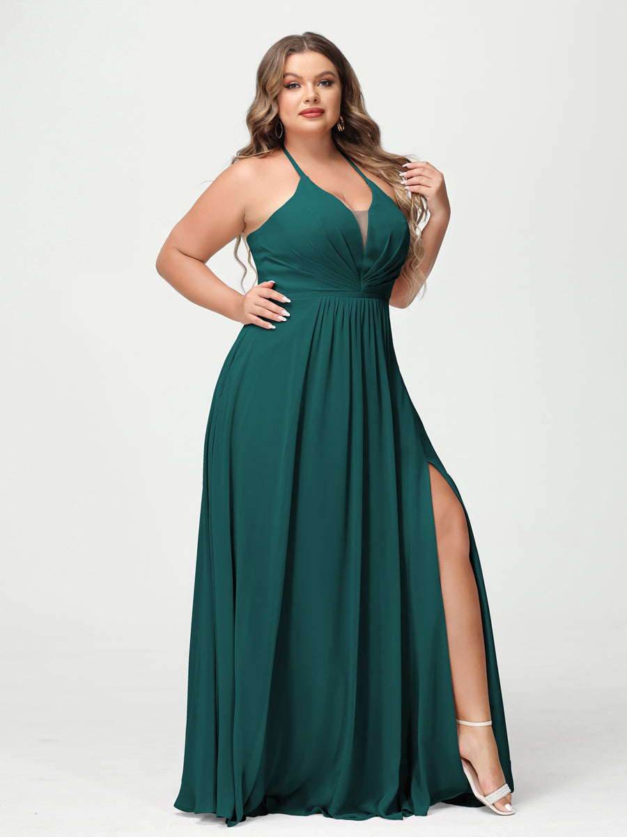 A Line Princess Halter Sleeveless Chiffon Ruched Split Side Plus Size Bridesmaid Dresses with Pockets
