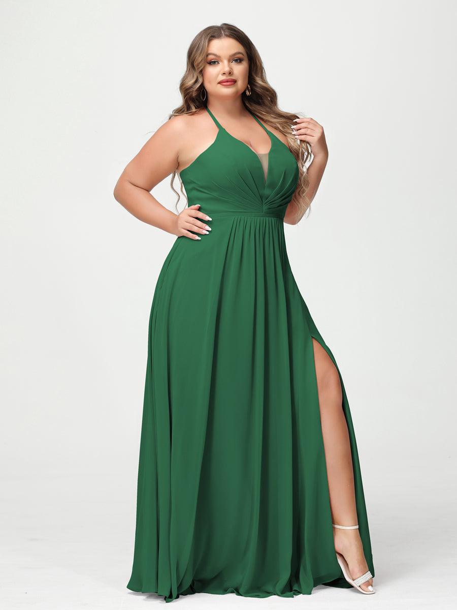 A Line Princess Halter Sleeveless Chiffon Ruched Split Side Plus Size Bridesmaid Dresses with Pockets