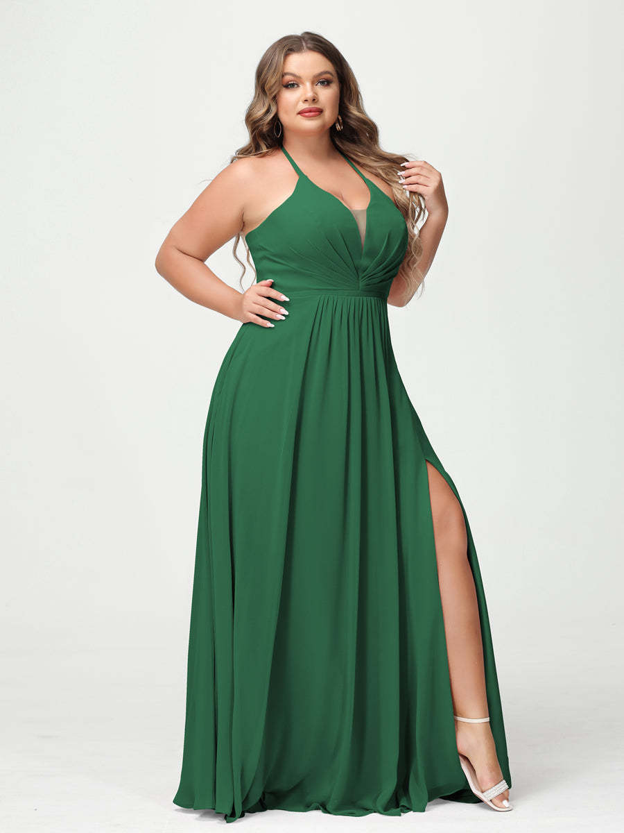 A Line Princess Halter Sleeveless Chiffon Ruched Split Side Plus Size Bridesmaid Dresses with Pockets