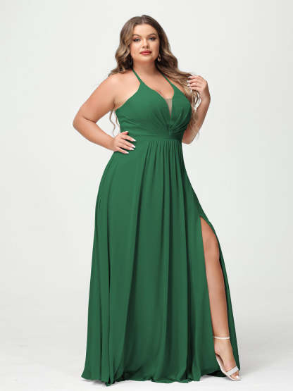 A Line Princess Halter Sleeveless Chiffon Ruched Split Side Plus Size Bridesmaid Dresses with Pockets