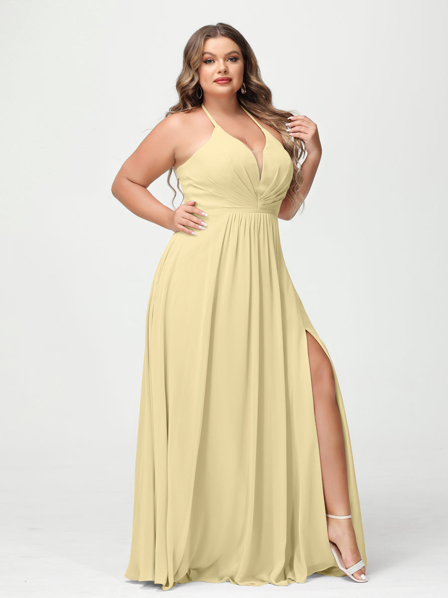 A Line Princess Halter Sleeveless Chiffon Ruched Split Side Plus Size Bridesmaid Dresses with Pockets