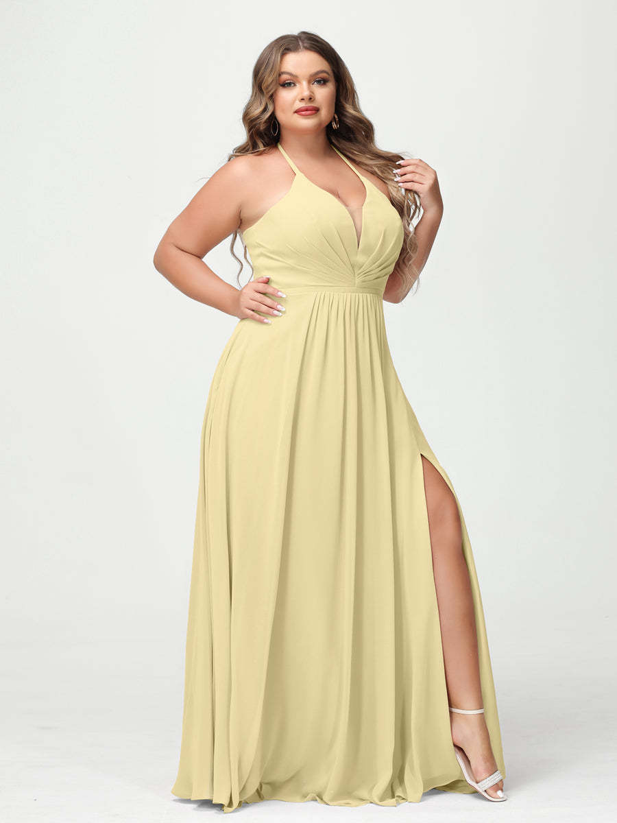 A Line Princess Halter Sleeveless Chiffon Ruched Split Side Plus Size Bridesmaid Dresses with Pockets