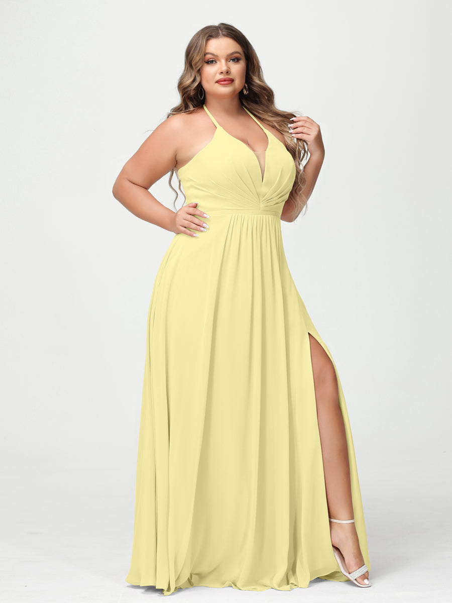 A Line Princess Halter Sleeveless Chiffon Ruched Split Side Plus Size Bridesmaid Dresses with Pockets