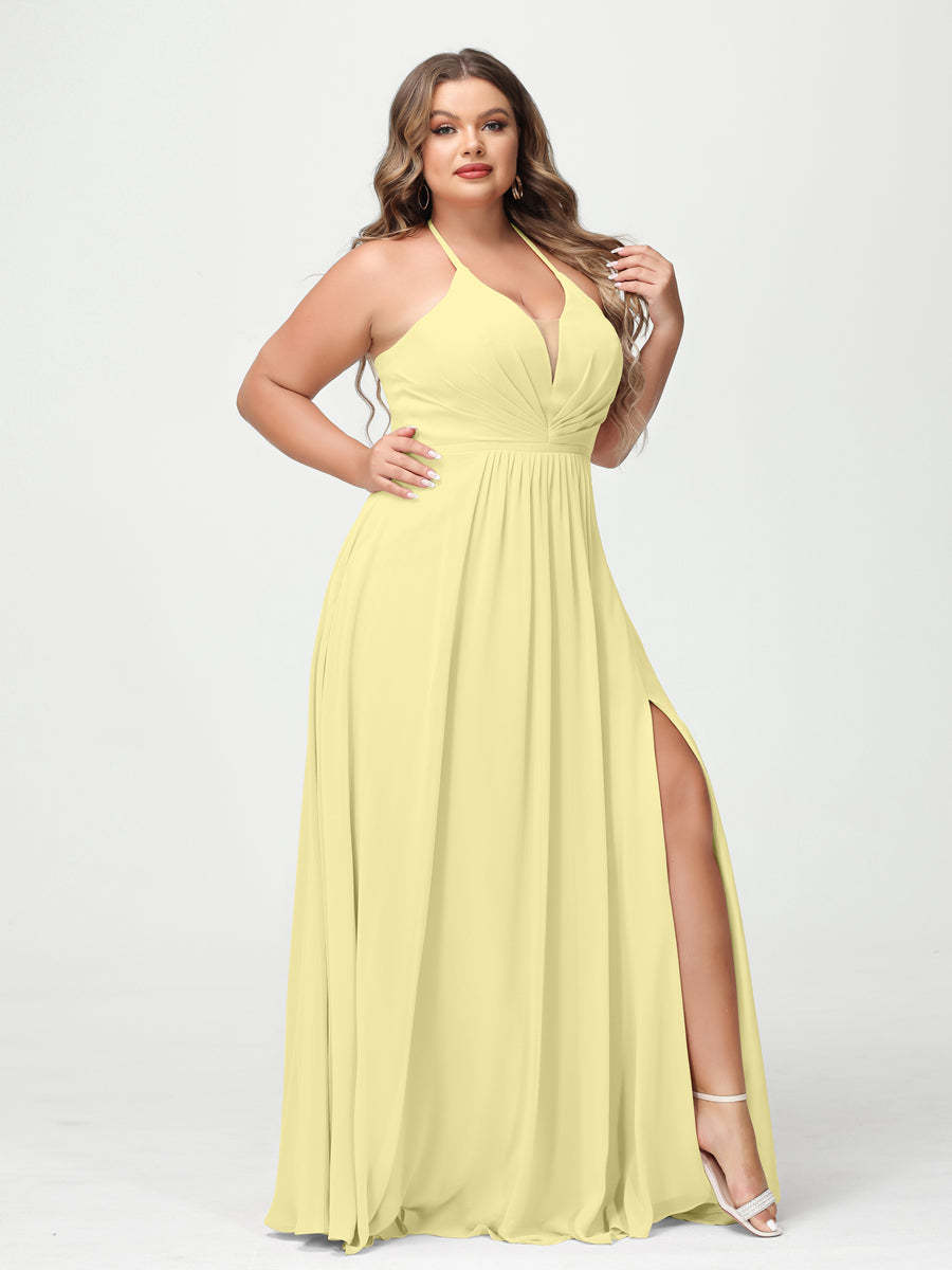 A Line Princess Halter Sleeveless Chiffon Ruched Split Side Plus Size Bridesmaid Dresses with Pockets