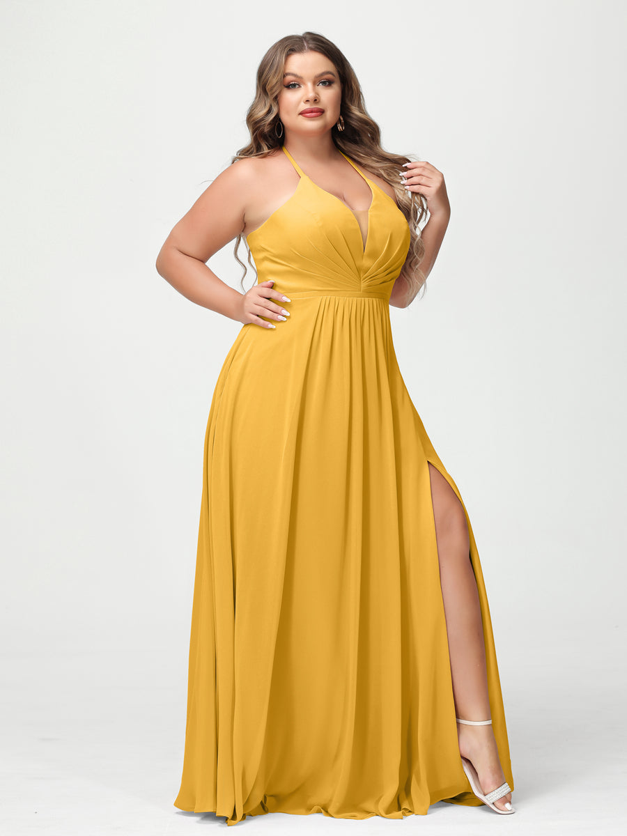 A Line Princess Halter Sleeveless Chiffon Ruched Split Side Plus Size Bridesmaid Dresses with Pockets
