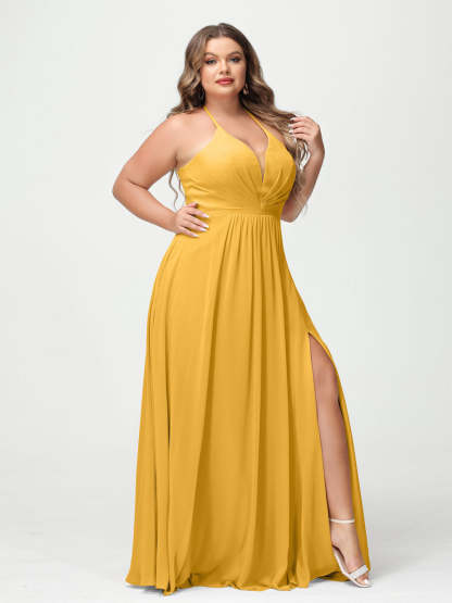 A Line Princess Halter Sleeveless Chiffon Ruched Split Side Plus Size Bridesmaid Dresses with Pockets