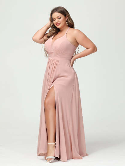 A Line Princess Halter Sleeveless Chiffon Ruched Split Side Plus Size Bridesmaid Dresses with Pockets