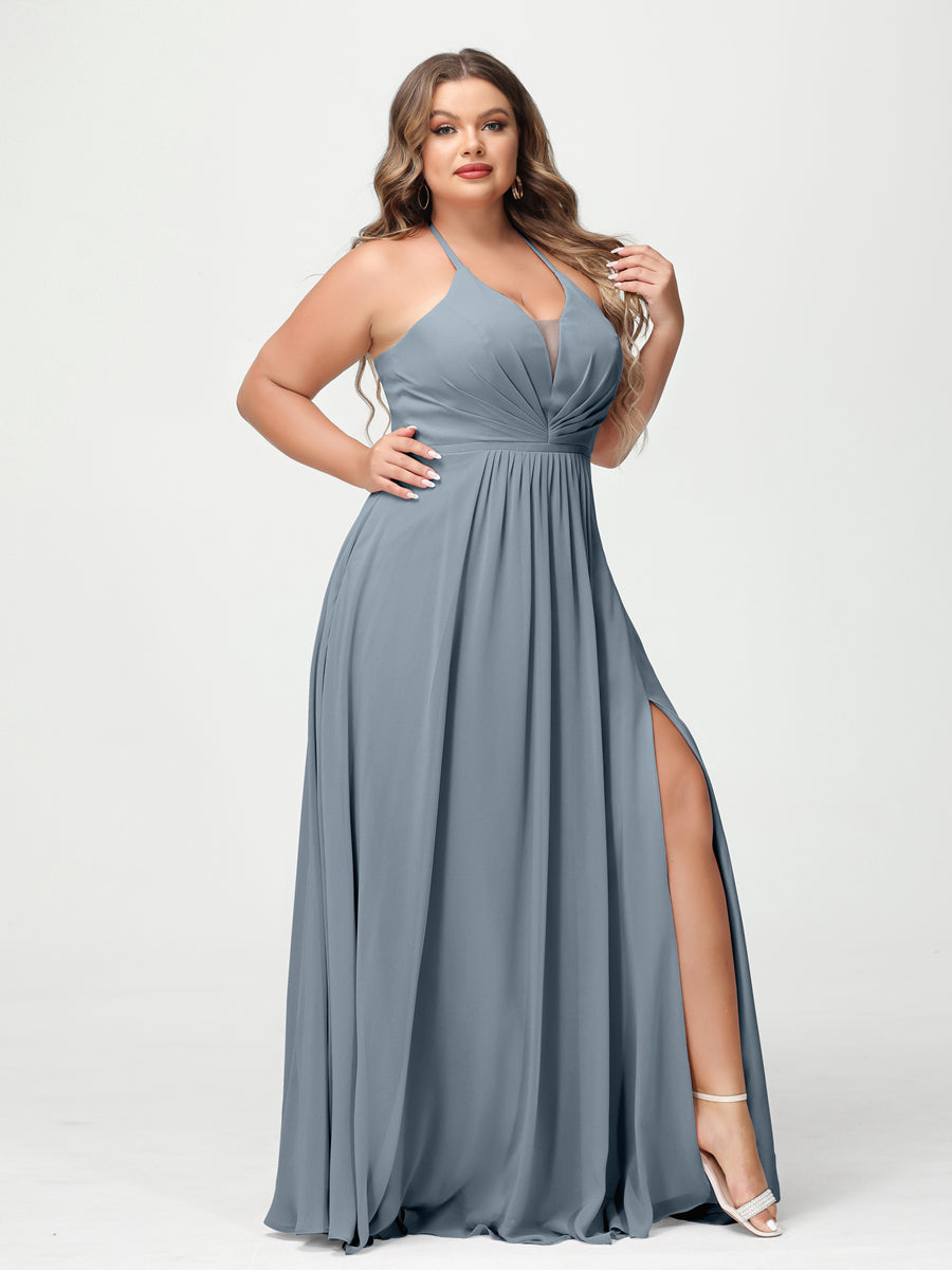 A Line Princess Halter Sleeveless Chiffon Ruched Split Side Plus Size Bridesmaid Dresses with Pockets
