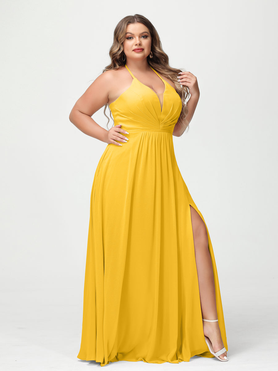 A Line Princess Halter Sleeveless Chiffon Ruched Split Side Plus Size Bridesmaid Dresses with Pockets