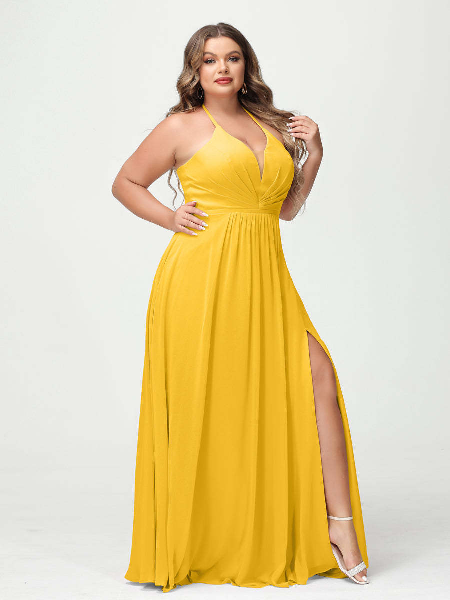 A Line Princess Halter Sleeveless Chiffon Ruched Split Side Plus Size Bridesmaid Dresses with Pockets