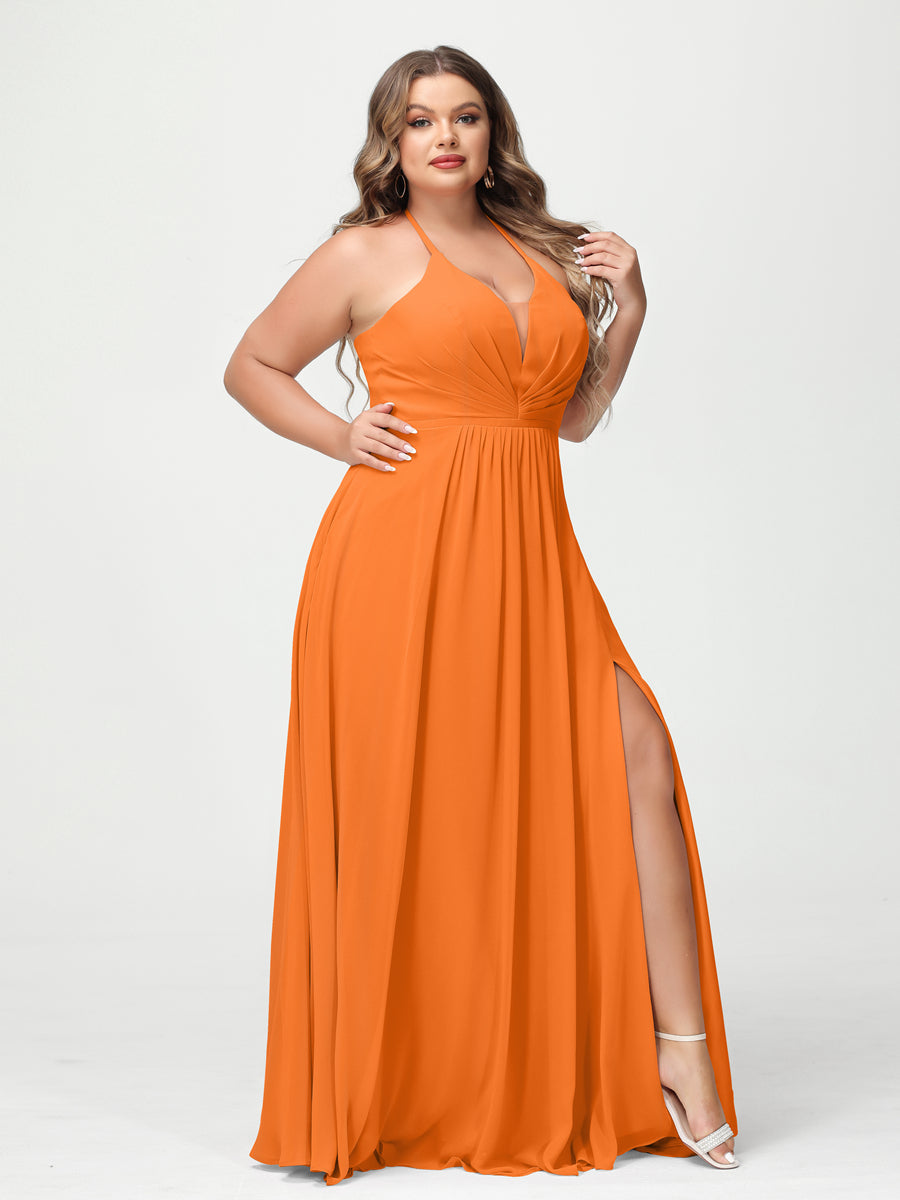 A Line Princess Halter Sleeveless Chiffon Ruched Split Side Plus Size Bridesmaid Dresses with Pockets